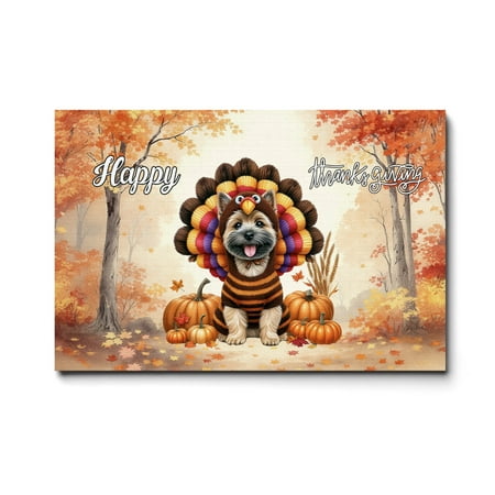 Happy Thanksgiving Cairn Terrier Turkey Costume Pumpkins Autumn Leaves Horizontal Matte Canvas Poster Cairns Dog Lover Wall Art Home Decor - 130144