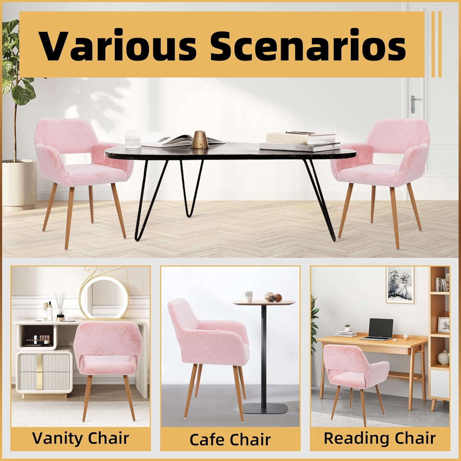 CRXX Desk Chair, Modern Home Office Chair Without Wheels, Faux Fur Vanity Chair with Hollow Backrest, Comfy Armchair Wood Frame with Strudy Metal Legs, Pink