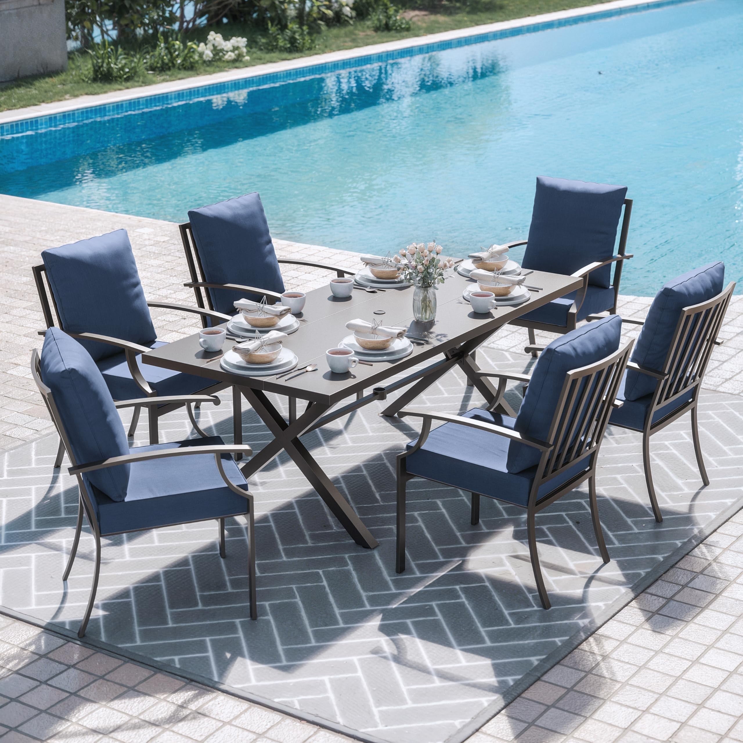 ALAULM 7-Piece Outdoor Patio Dining Set with Rectangle Metal Table and ...