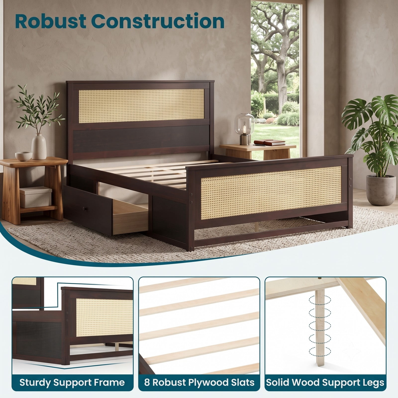 Furnibear Full Size Bed Frame with Storage, Wood Rattan Platform Bed with 2 Drawers and Woven Headboard and Footboard, Rustic Brown