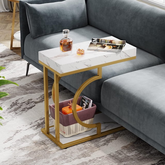 Tribesigns White and Gold Narrow Side Table, Modern C-Shaped End Table with Faux Marble Top and Metal Frame, Small Sofa or Bedside Table for Living Room