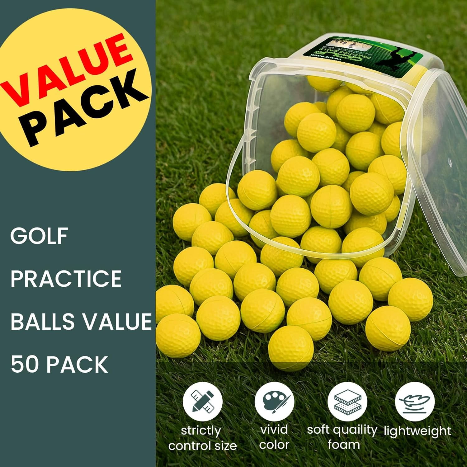 FINGER TEN Golf Practice Balls with Bucket Value 50 Pack, Soft Foam with Limited Flight for Safe Practice