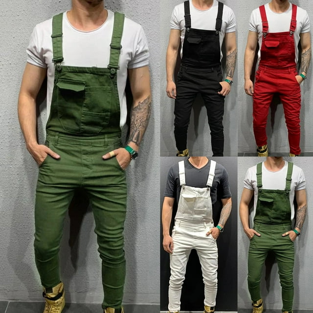 Koszal Men Jumpsuit Solid Color Multi Pockets Overalls Full Length Mid Rise Cargo Jumpsuit for Working