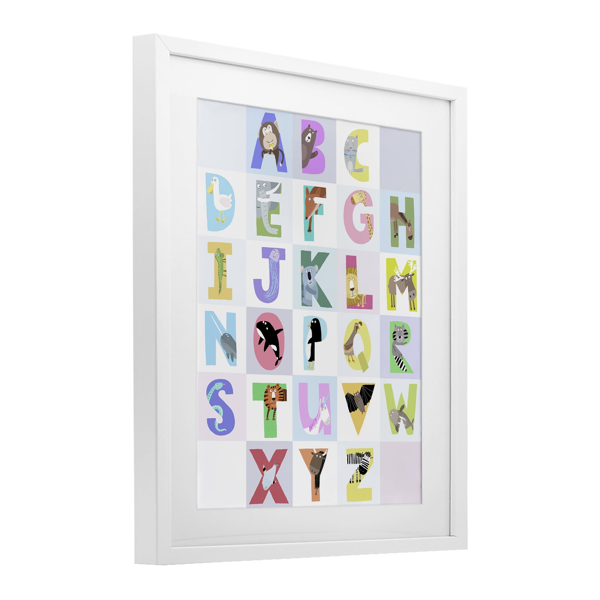 Stupell Industries Animal Alphabet in Light Grey White Framed Print Under Glass, design by Carla Daly
