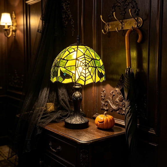 Stained Glass Spiderweb Table Lamp, Resin Gothic Spiderweb Night Light with Warm Glow, Handmade Summer Halloween Decor Lamp for Bedroom, Bookshelf, Mantel & Witchy Room Decor (7.9'' Height)
