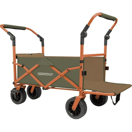 Whitsunday Collapsible Folding Beach Wagon Cart, Foldable Double Push Bar Wagon with Tailgate, 360° Rotating Wheels Heavy Duty Utility Camping Grocery Wagon with Wheels and Brakes Garden Sport Green