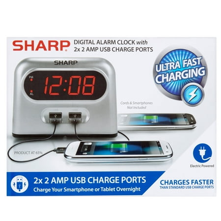 Sharp Digital Alarm Clock with 2x 2 Amp USB Charge Ports