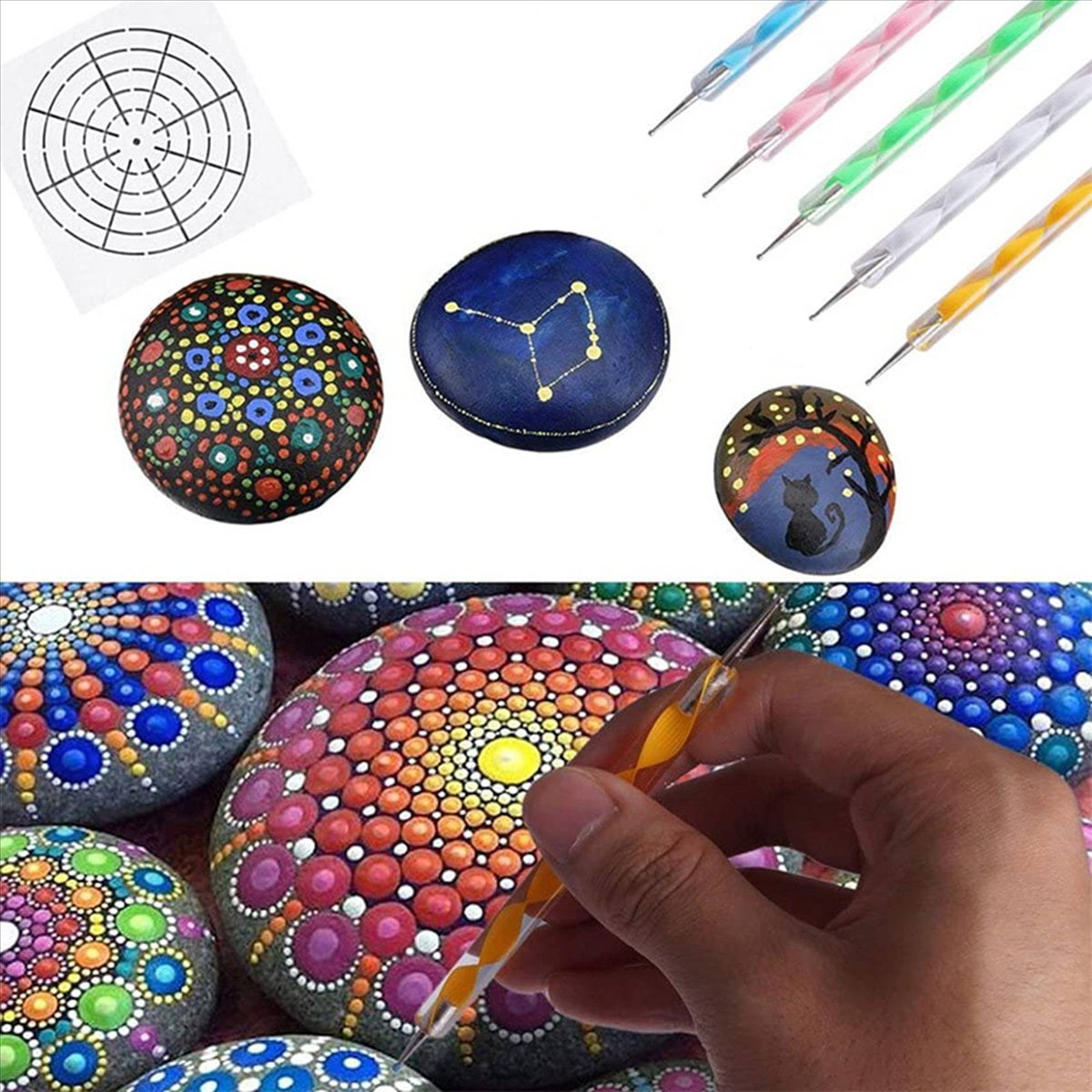 Mandala Dotting Stencil Tools Rock Painting Kit Ball Stylus Dotting Tools Include Stencil, Paint Tray (68 Pack)