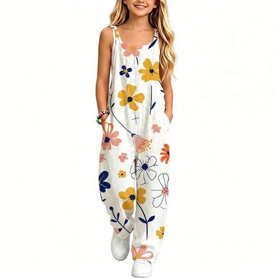 XXWXYD Girls Summer Adjustable Spaghetti Strap Jumpsuits Sleeveless Casual Loose Long Rompe𝗋s with Pockets Toddler Girl Vacation Short Sleeve Jumpsuit 5-14 Years
