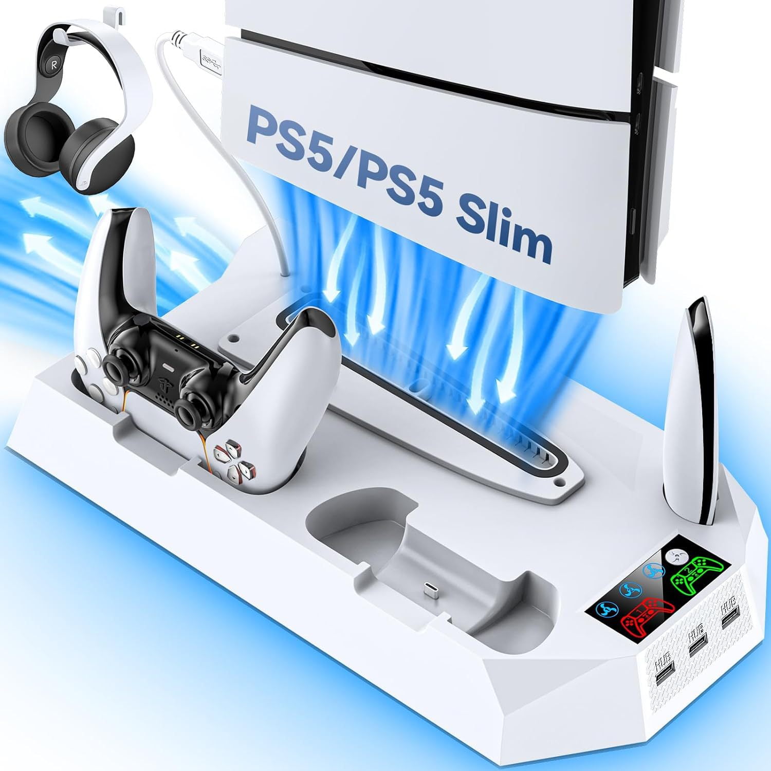 PS5 Cooling Stand with Turbo Fan - 2 USB Ports, Headset Holder & Remote Slot - Fits PS5 Slim/Disc/Digital (2023/2020) - 3-Speed Cooling Docking Station