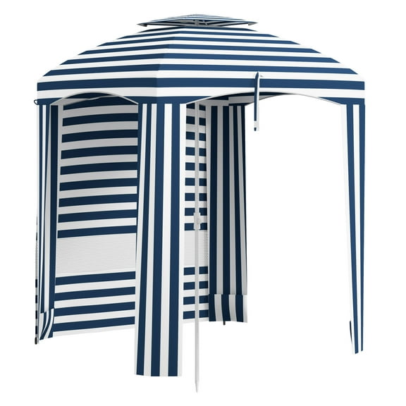 Outsunny 5.8' x 5.8' Portable Beach Umbrella with Double-Top, Ruffled Outdoor Cabana with Walls, Vents, Sandbags, Carry Bag, Blue & White Stripe