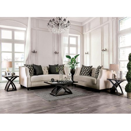 Transitional Beige Velvet-like Fabric Sofa and Loveseat FOA Aniyah