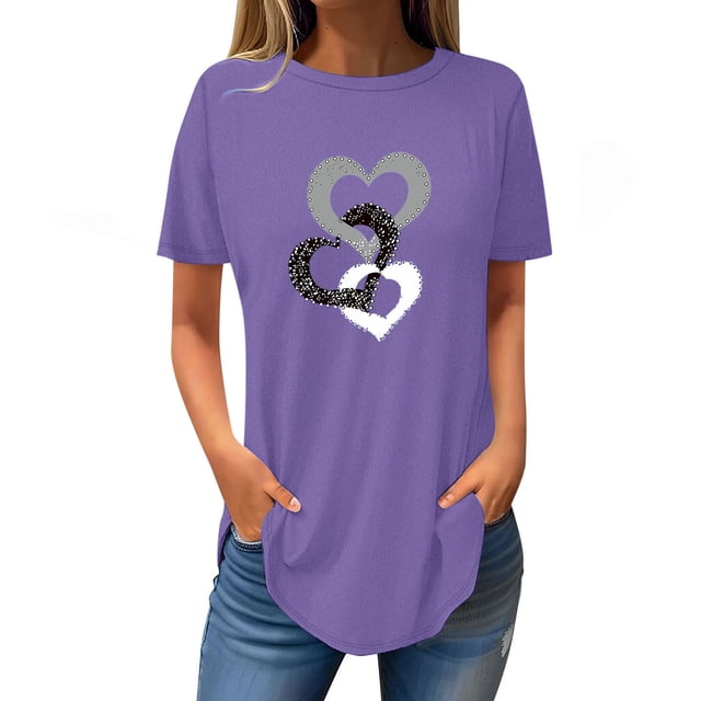FAIWAD Tuniques à Manches Courtes pour Femmes, Col Rond, Blouses Amples, T-shirts Graphiques avec Cœur Mignon