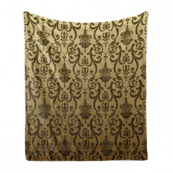 Victorian Soft Flannel Fleece Throw Blanket, Vintage Times Classic Design with Floral Leaf Like Artwork Print, Cozy Plush for Indoor and Outdoor Use, 70" x 90", Cream Tan Umber, by Ambesonne