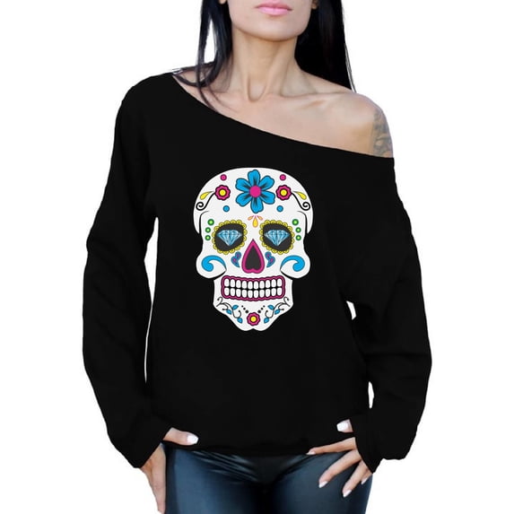 Awkward Styles Women's Colorful Skull Graphic Off Shoulder Tops Oversized Sweatshirt Candy Skull Dia De Los Muertos