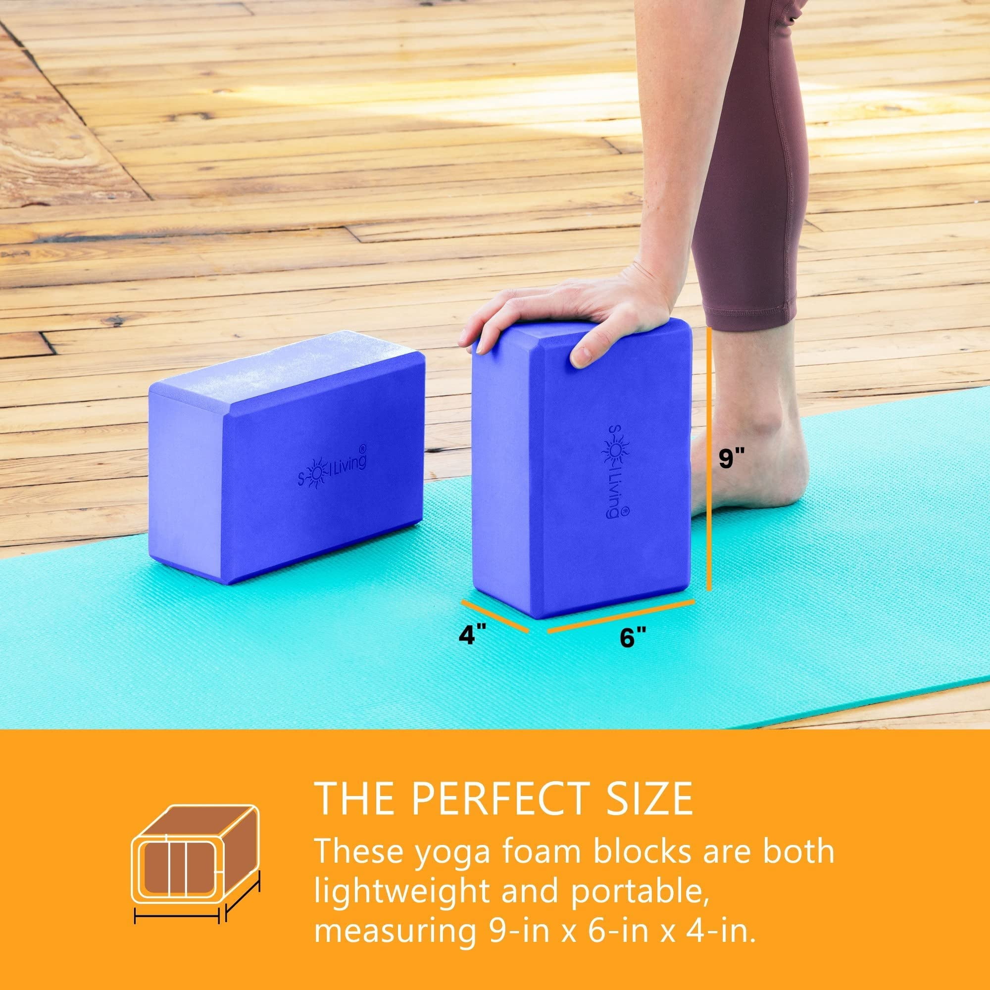 Sol Living Yoga Blocks 2 Pack High Density EVA Foam Yoga Cushion Stretching Pilates Meditation Exercise Equipment Support Deepen Poses Odor Free Non Slip Yoga Accessories - 4" x 6" x 9"- Blue