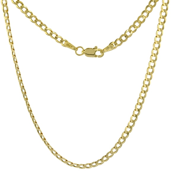 Yellow 14k Gold 3mm Curb Link Chain Necklace for Men and Women Concaved Center Beveled Edges 24 inch