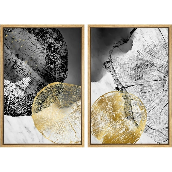 IDEA4WALL Framed Canvas Print Wall Art Set Gold Black Gray Tree Wood Ring Collage Vintage Art Country Decorative Colorful Nature Wilderness Artwork for Living Room, Bedroom, Office - Natural 16"x24"x2