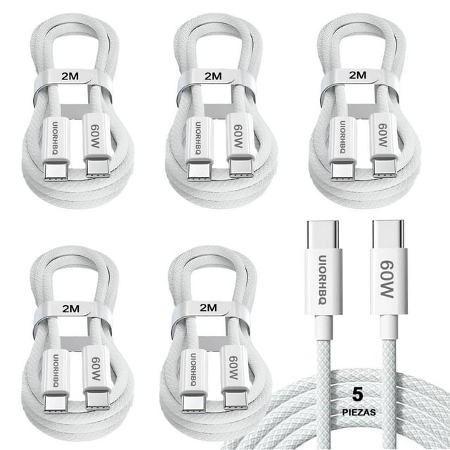 Cable USB C a C UIORHBQ Blanco 60W PD Carga Rápida Nylon Trenzado 2M 5 Unidades