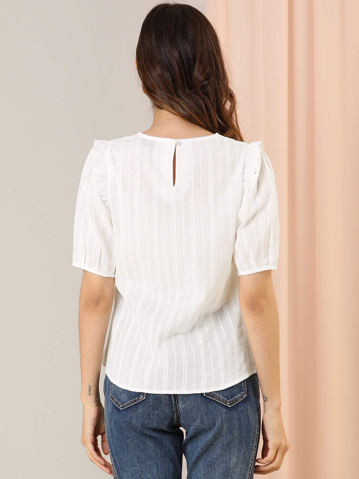 DARING DIVA Puff Shoulder Collarless Ruffle Blouse XS White
