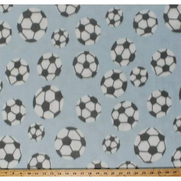 Fleece Soccer Balls Tossed Soccerballs with Gray Spots on Baby Blue Sports Fleece Fabric Print by the Yard sfs0036g