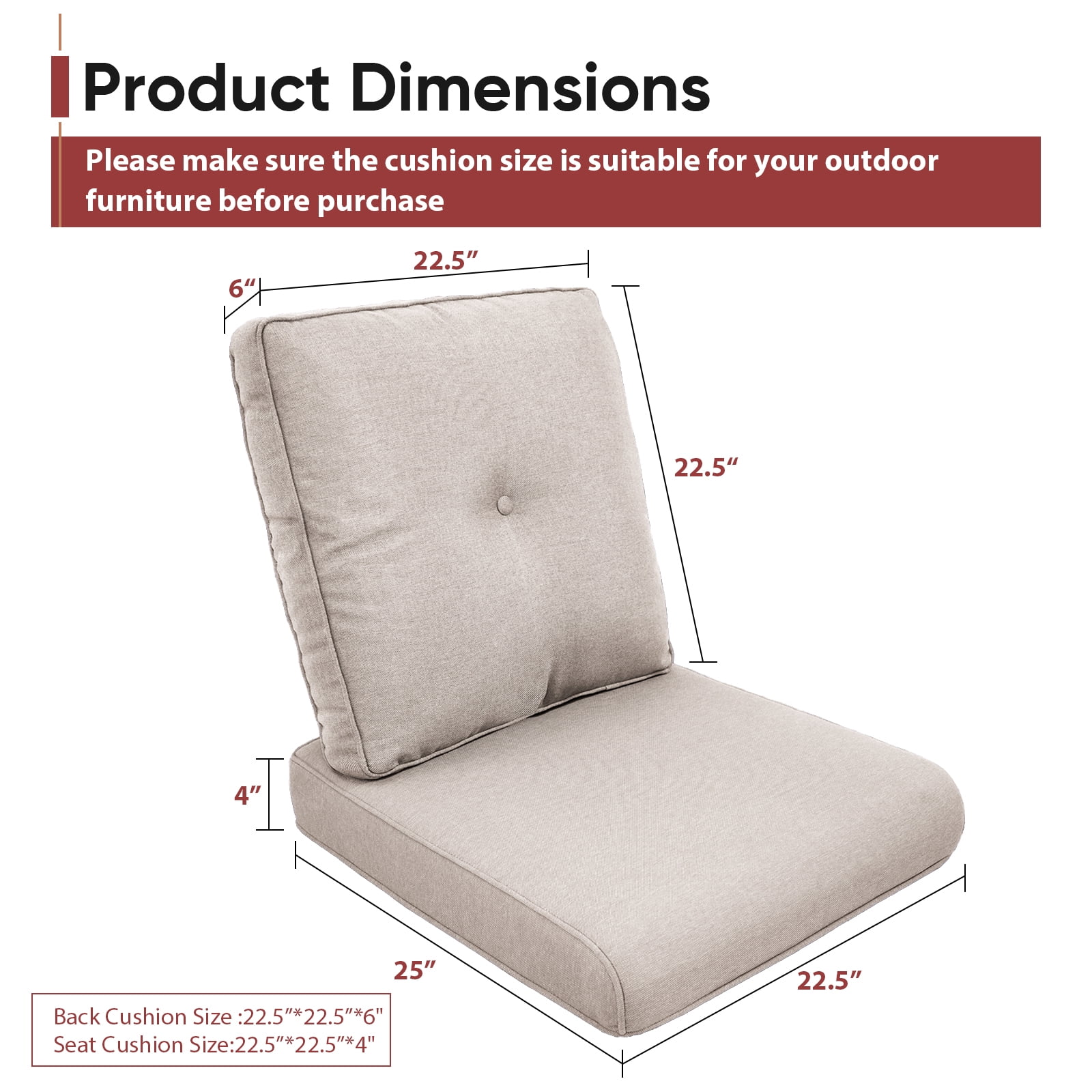 POCASSY Patio Furniture Cushions Set of 4, 22.5"*22.5" Outdoor Cushion for Patio Furniture, Water Resistant, Fade Resistant, Deep Seat and High Back Cushion for Chair, Sofa, and Couch, Beige