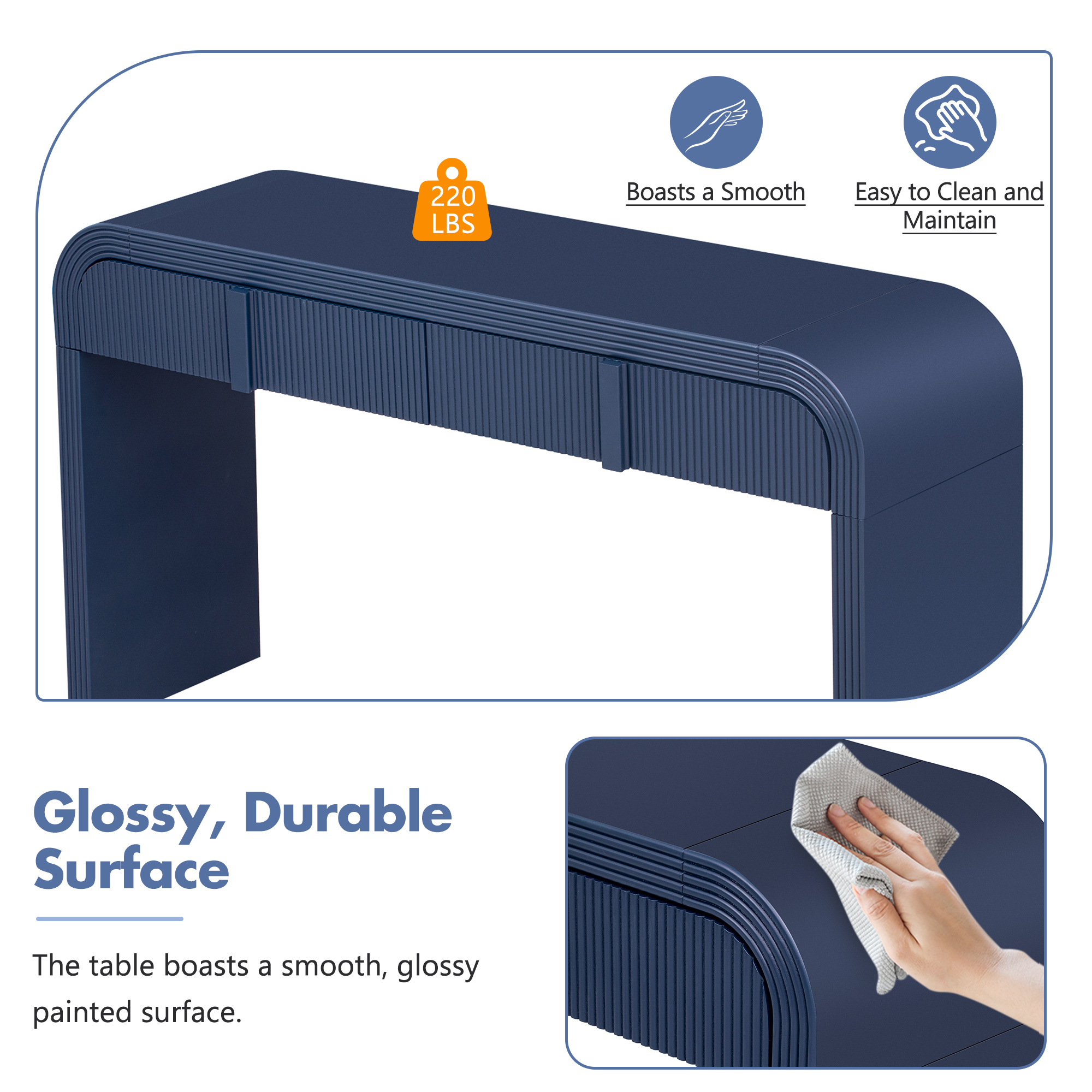 Euroco 55" Unique Curved Console Table with 2 Storage Drawers, Fluted Accent Entryway Table Sofa Table for Hallway Living Room Foyer,Navy Blue