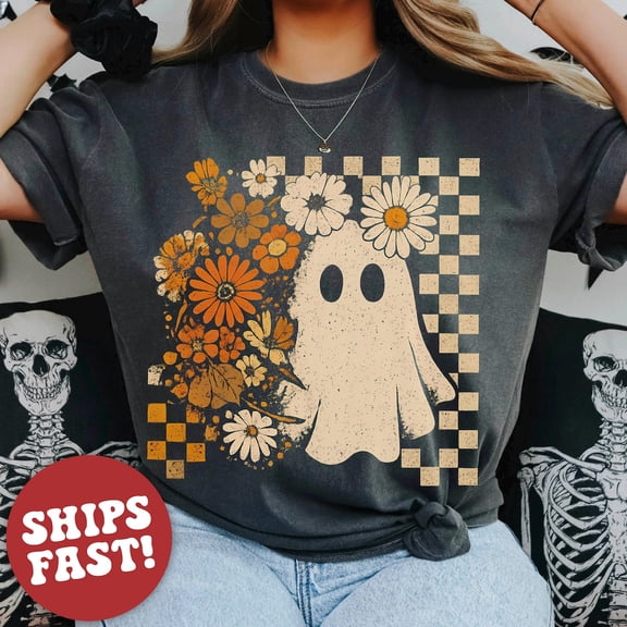 Comfort Colors Checkered Ghost T-Shirt, Halloween Floral Ghost, Cute Fall Shirt, Cottagecore Ghost Tee