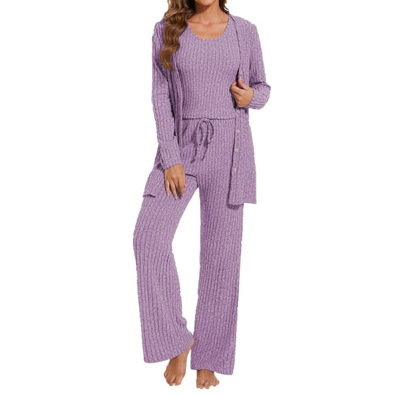UAMVSH 3 Piece Ribbed Lounge Sets for Women Knitted Long Sleeve Cardigan Cropped Tank Top and Wide Leg Pants Fall Winter Sets(X-LargePurple)