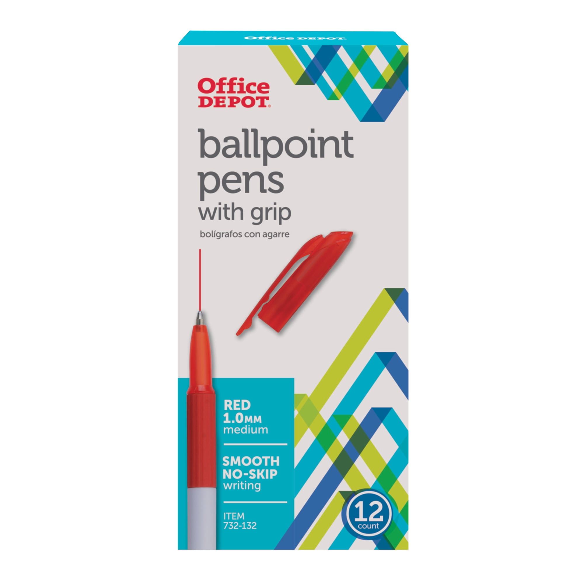 Office Depot Grip Ballpoint Pens, Medium Point,  mm, White Barrel, Red  Ink, Pack Of 12, 19003 