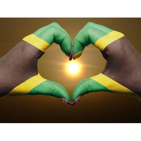 Heart And Love Gesture By Hands Colored In Jamaica Flag During Beautiful Sunrise For Tourism Print Wall Art By