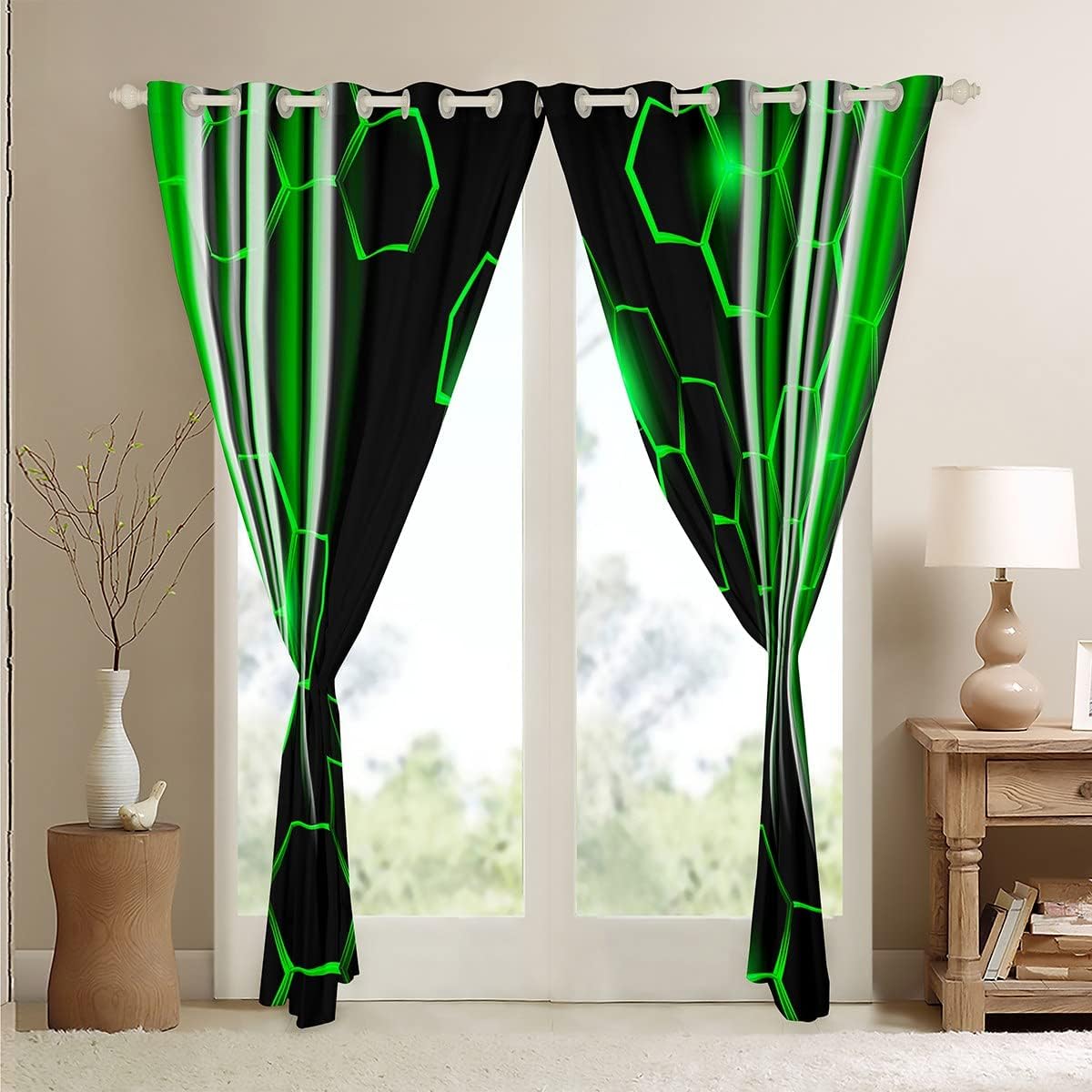 Honeycomb Curtains (2 Panels, 52 x 63 Inch) Modern Hexagon Theme Green Curtains Strip Lines Darkening Dreapes Modern Gradient Black Green Window Treatments 30%-50% Blackout