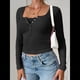 thumbnail image 4 of Blusas de Larga para Mujer, de Punto Acanalado Henley, con Botones y Corte Ajustado, Blusas Básicas Informales de Otoño 2025. Negro S, 4 of 10