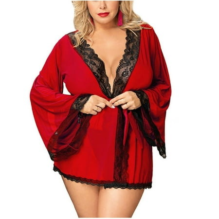 

SUANMAY Women S Plus Size Erotic Lingerie Sexy Bandage Long-Sleeved Nightgown Lace Stitching Nightdress Red 2XL