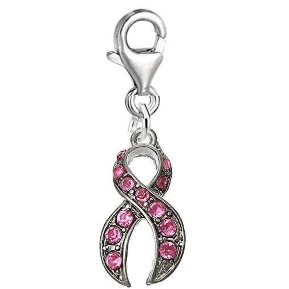 Awarness Ribbon with Pink Crystals Clip on Charm for European Charm w/ Lobster Clasp