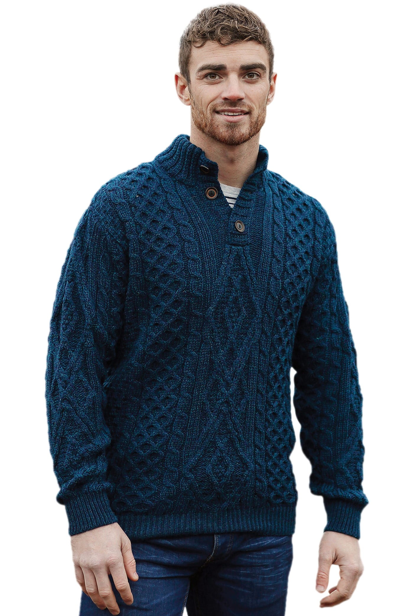 Aran Woollen Mills Button-Up Collar Cardigan Sweater Celtic Troyer 100%  Premium Merino Wool Jumper Men`s Pullover Made in Ireland