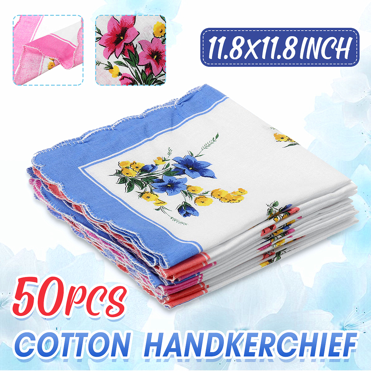 50PCS Pretty Floral Pocket Flower Square Handkerchiefs Vintage Hankies