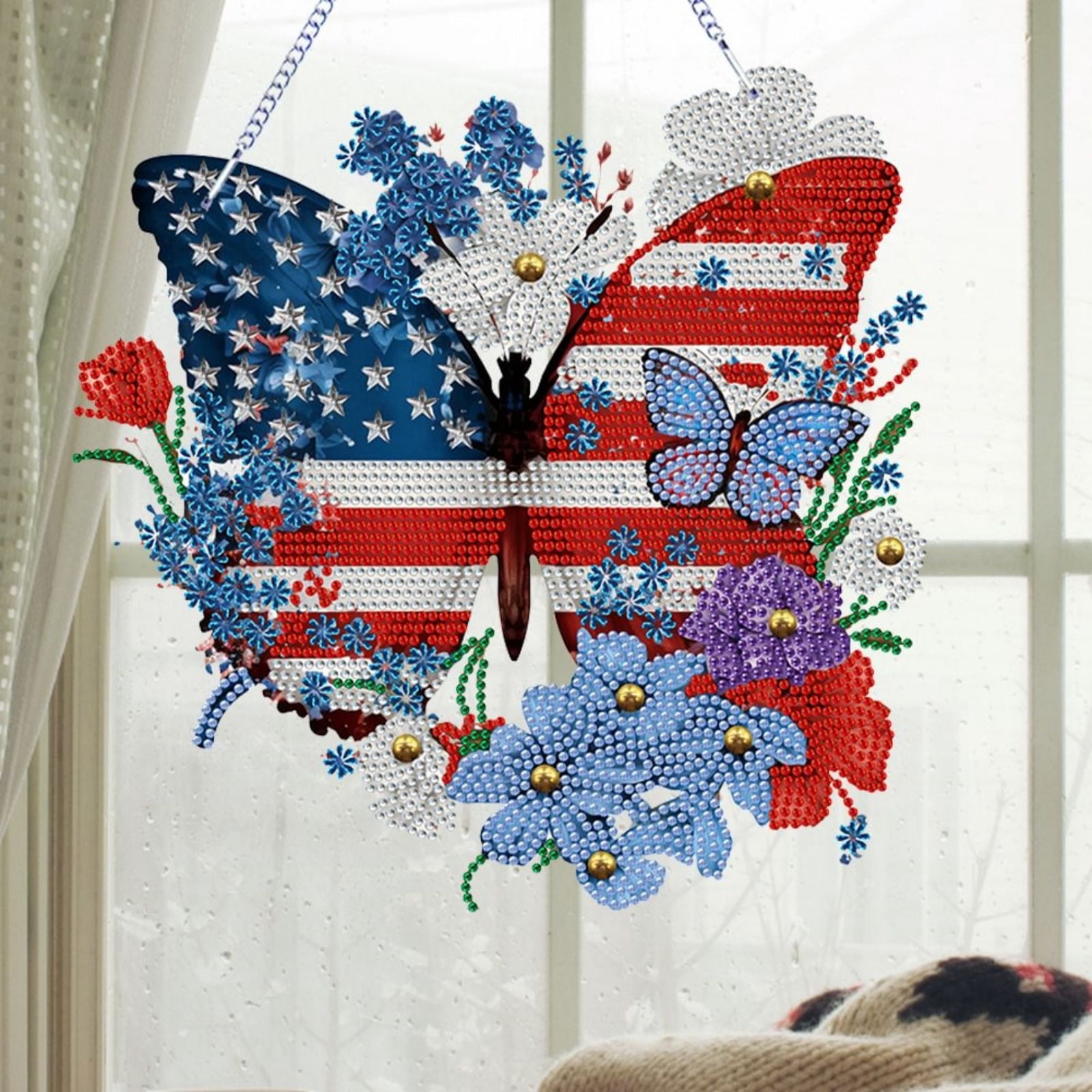 FLOPESN DIY Diamond Art Kits, American Independence Day USA Butterfly Style, 9.84*8.27 in Diamond Painting Pendant, Creative Design Wall Decor