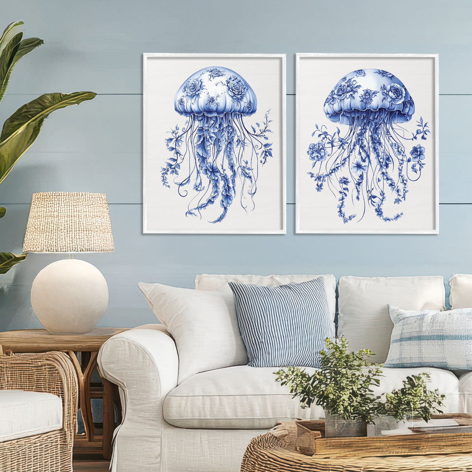 Funky Florals Toile Jellyfish 2 Piece White Framed Giclee Art Set, design by Lettered and Lined