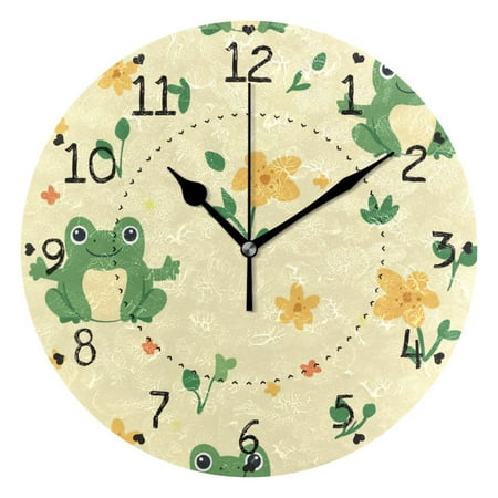 Cartoon Frogs with Flowers and Leaves Round Wall Clock Silent Analog Battery Operated Black Pointer Home Decor 9.84 Diameter