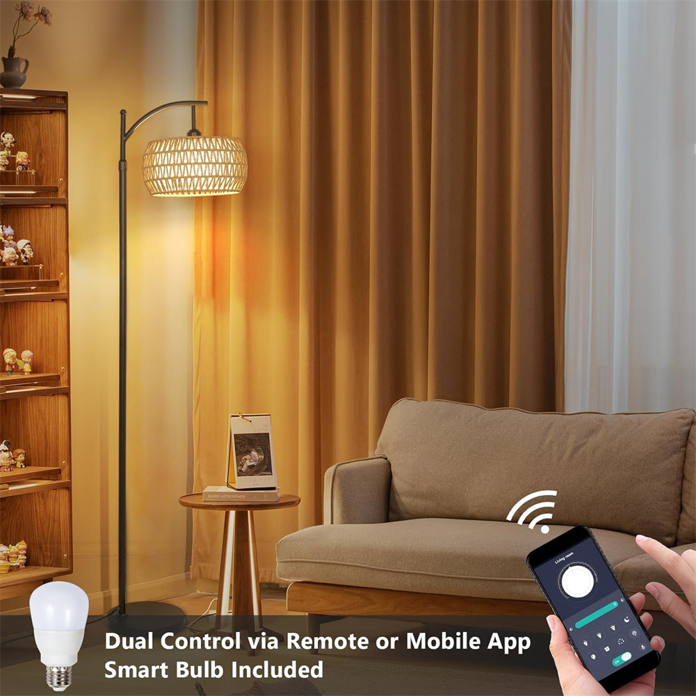 M optimized Arc Floor Lamp for Living Room with 3 Color Temperature with Rattan & Fabric Shades Remote Control ON/Off Foot Switch for Office Home