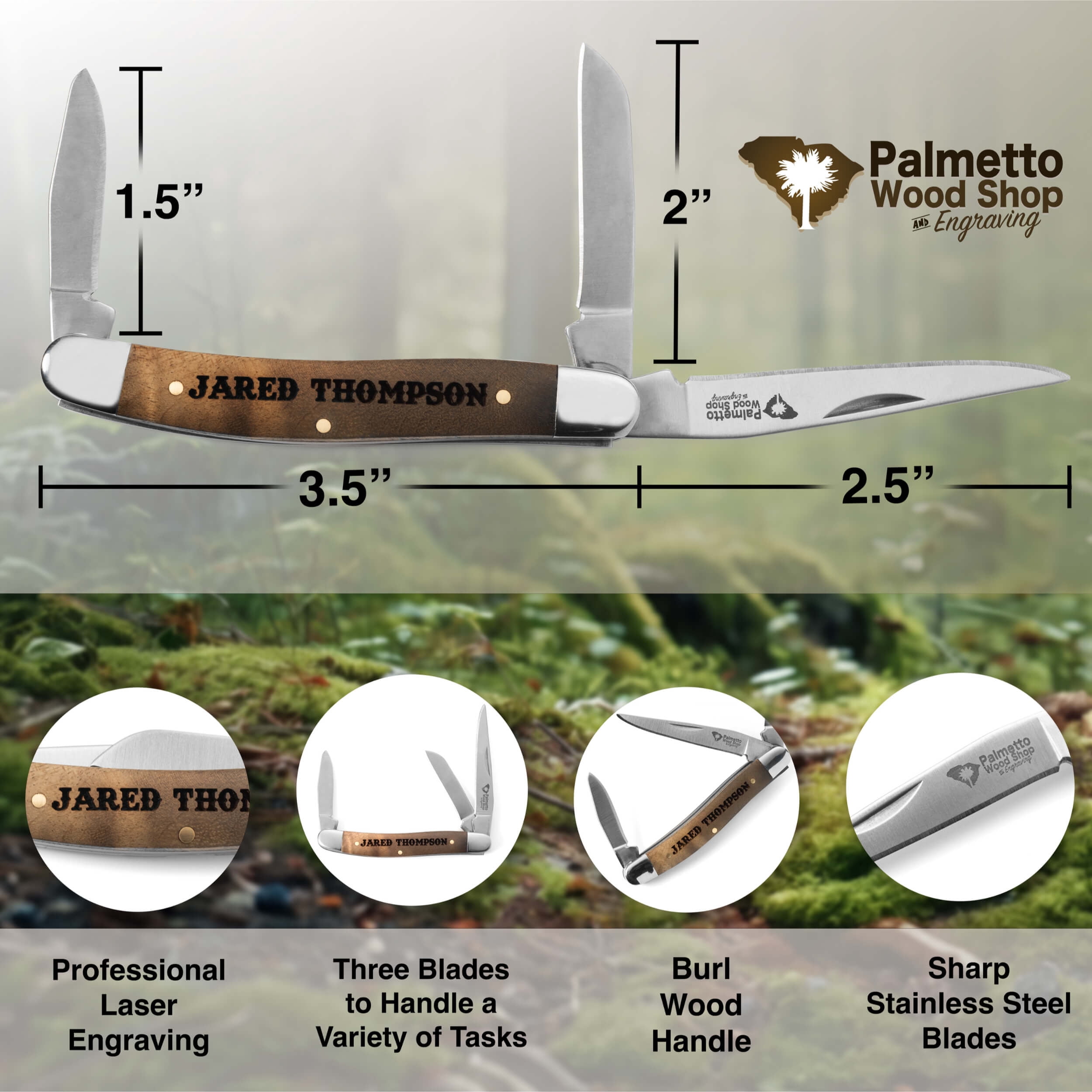 Palmetto Wood Shop Stockman Pocket Knife with Personalized Laser Engraved Wood Handle