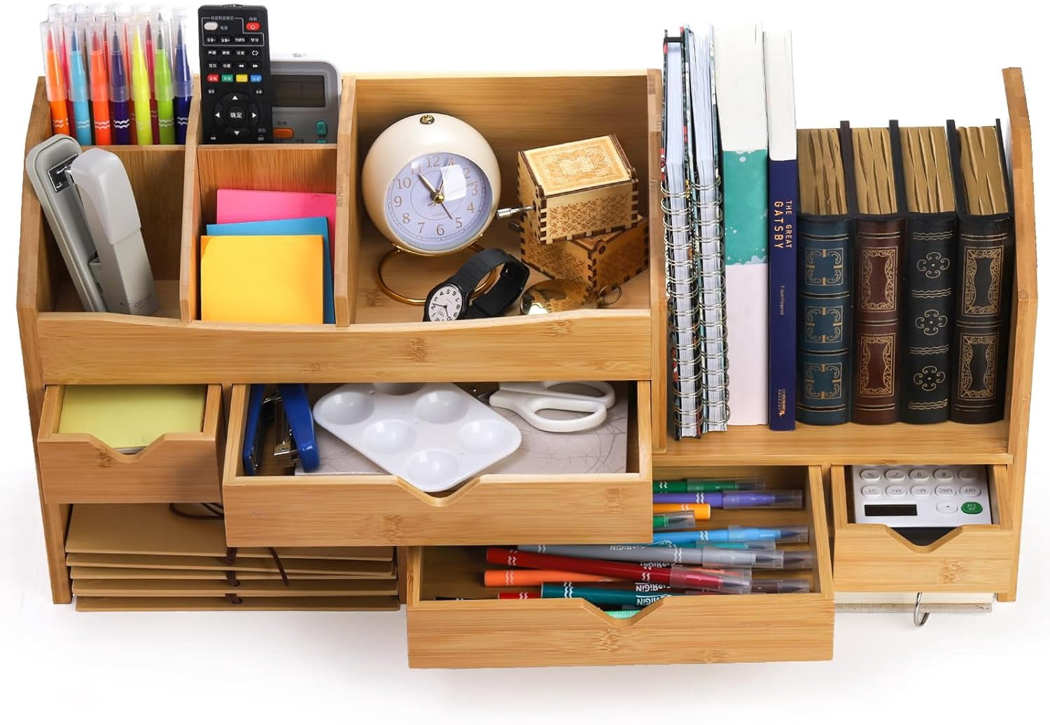 Bamboo Desk Organizer with Adjustable File Holder, Mini Desk Drawer Tabletop Organization Box with 4 Drawers for Makeup, Letter, Pens, Home Office Supplies, Vanity, 3 Layer, Fully Assembled