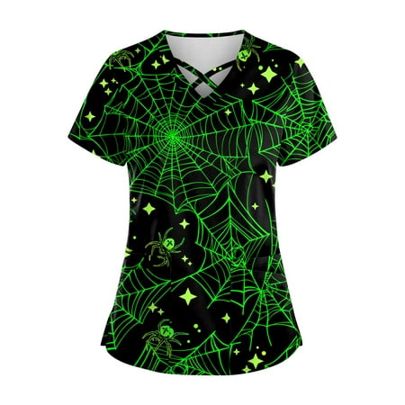 

Bazyrey Halloween Scrub Tops Women Halloween Printing Short Sleeve V-neck Tops Working Pocket Blouse Green 4XL