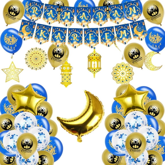 Ramadan Mubarak Party Decorations Blue Gold Ramadan Banner Ramadan Hanging Swirl Moon Star Balloons Ramadan Balloons Eid Decorations Party Supply Muslim Ramadan Decor