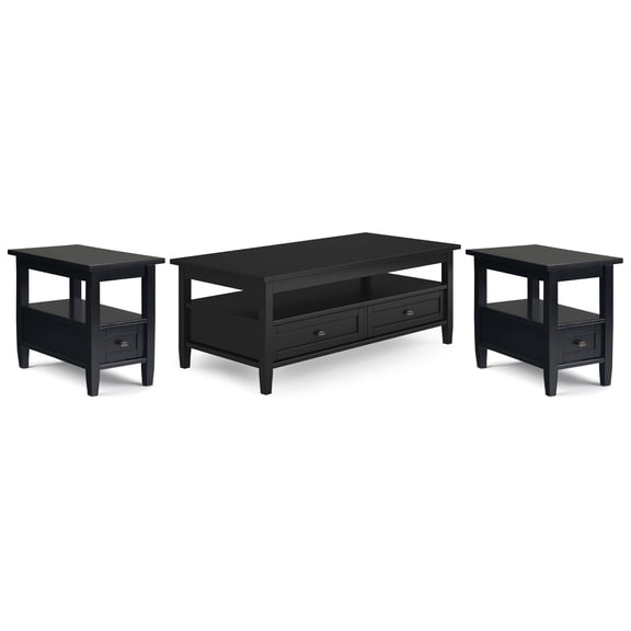 Simpli Home Warm Shaker Solid Wood Transitional 48 inch Wide Coffee Table with 2 14 inch Wide End Tables in Black (Set of 3)