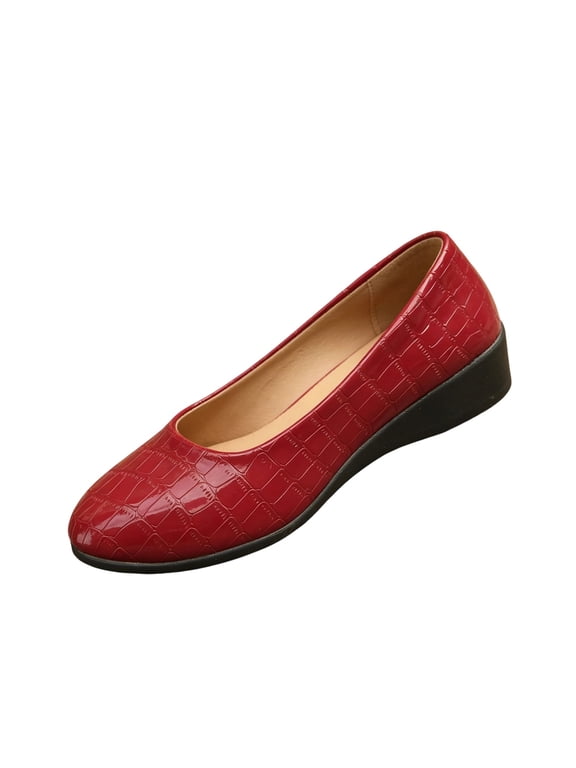 Grid Croc Embossed Wedge Sneakers for Women Glossy Patent Slip On Shoes for Women low heels Round Toe Casual Breathable Walk Flats Non Slip Footwear for Daily Office Shopping Red 8