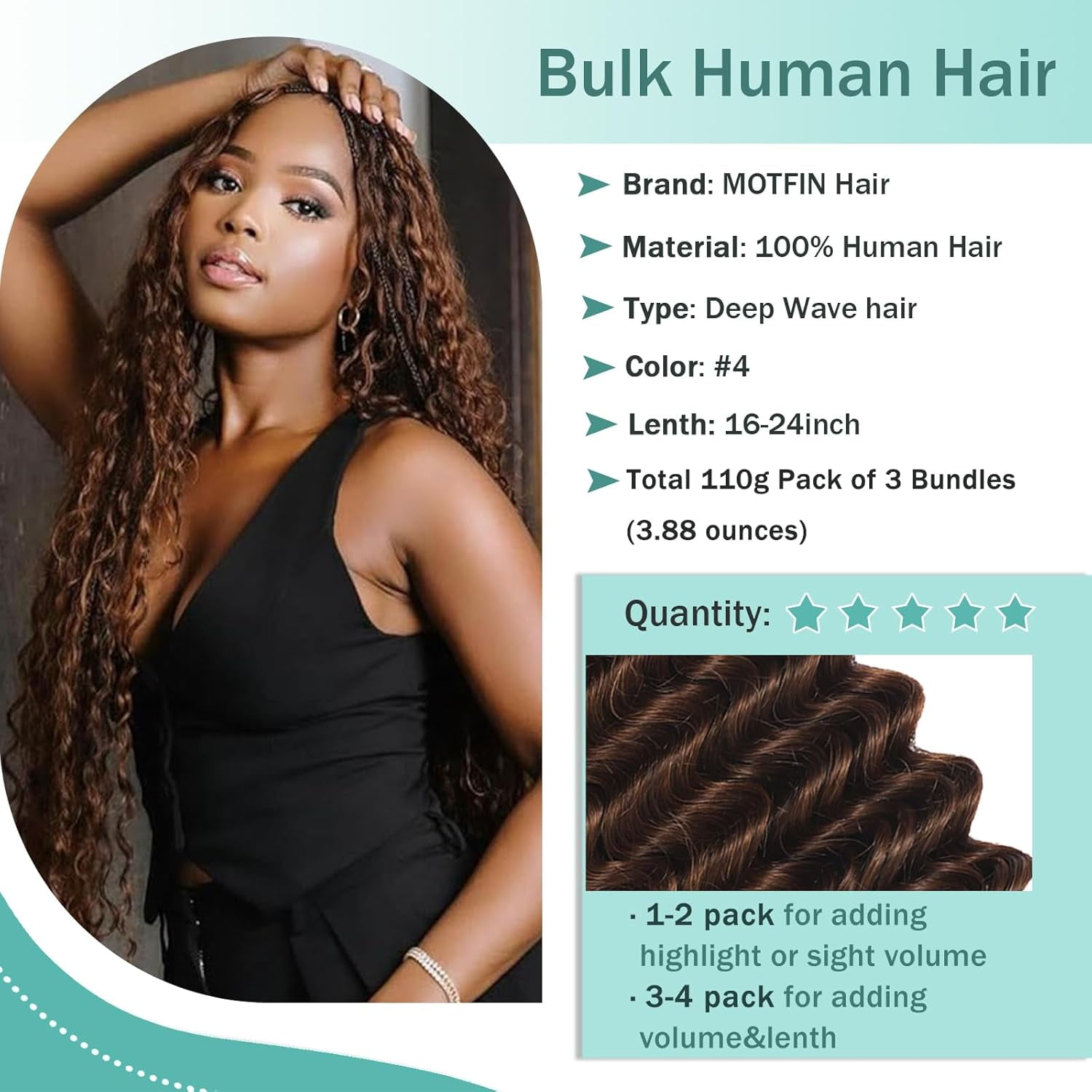 Human Braiding Hair for Boho Braids Human Hair 110g 18 Inch Curly Boho Hair for Braiding Knotless 12A Deep Wave Bohemian 3 Bundles/Pack Chocolate Brown