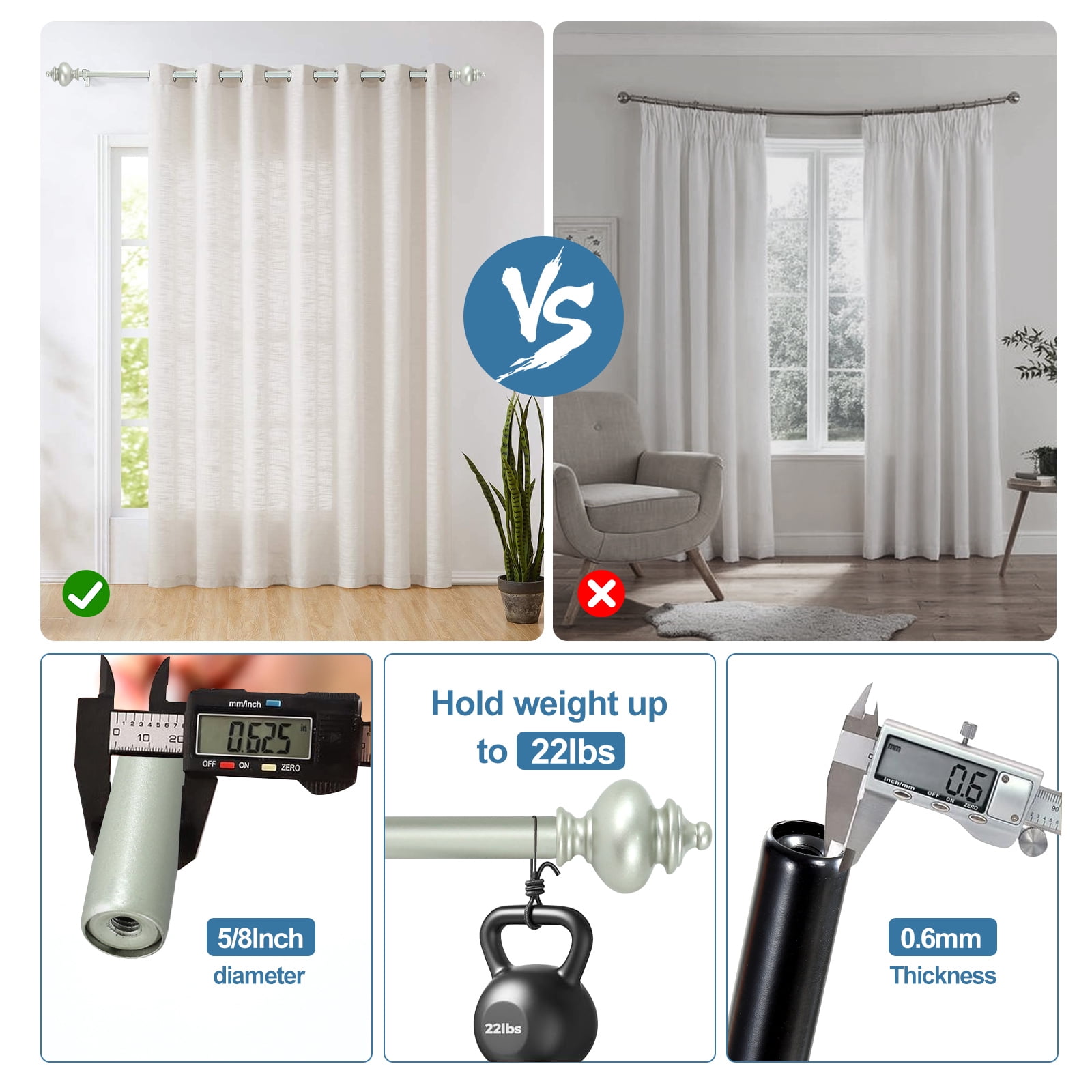 Urbanest Round Urn Single Curtain Rod Set, 5/8", 28-48", Pewter