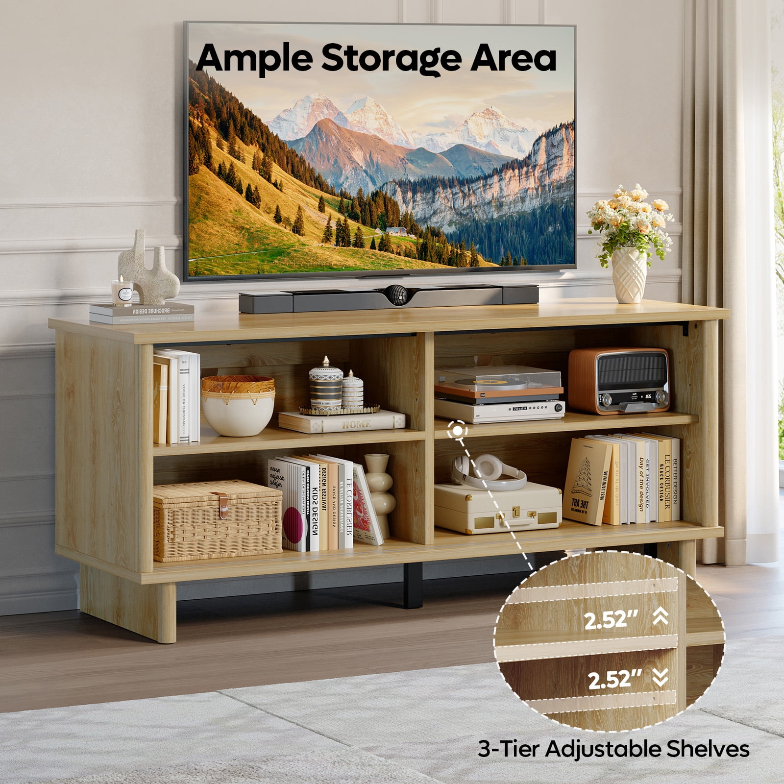 Bestier Fluted TV Stand for 65 inch TVs,Entertainment Center with 4-Sliding Doors,Height Adjustable Shelves,Media Console Table with Cable Management, TV Cabinet for Living Room,Natural Oak